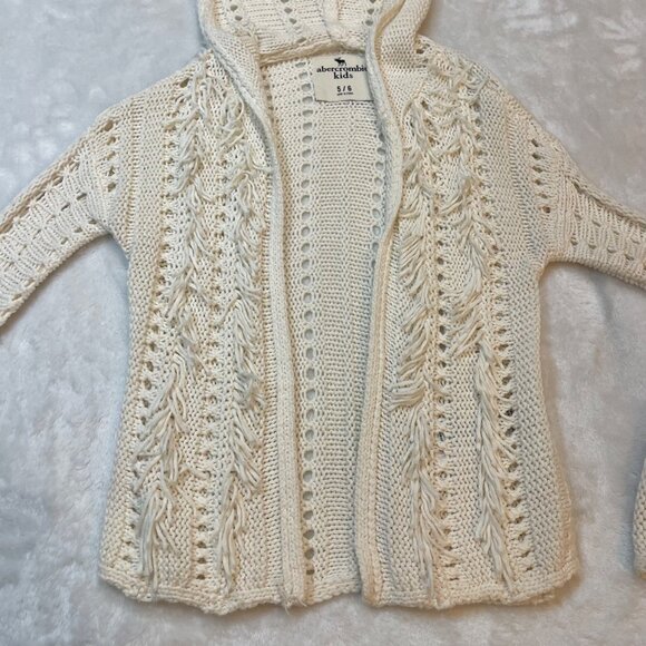 Abercrombie Kids Hooded Cardigan Sweater Girls Size 5/6 Fringe Loose Knit Cotton - Picture 8 of 10